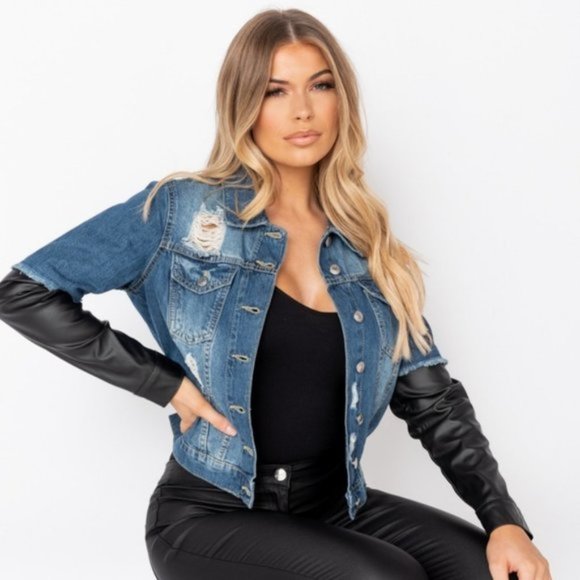 Jackets & Blazers - Blue Distressed Denim Jeans Jacket with Long Vegan Leather Faux Leather Sleeves